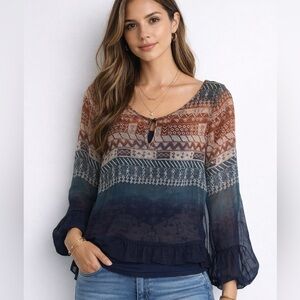 Twelfth Street Cynthia Vincent Medium Blue Orange Bohemian 100% Silk Blouse